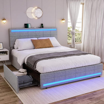 BEAUTIFUL  Bed Frame with LED Lights Headboard Footboard, Platform Bed Frame with 4 Drawers and 2 USB Charging Station, LED Bed Frame with Storage, No Box Spring Needed, Light Grey