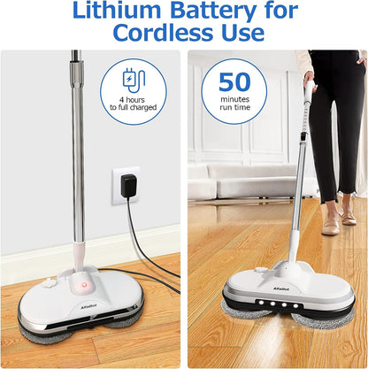 POWERFULL Cordless Electric Mop for Floor Cleaning, AlfaBot WS-24 Electric Spin Mop, Electric Mop with Water Sprayer and LED Headlight, Lightweight & Rechargeable Floor Scrubber for Hardwood Tile & Laminate Floors