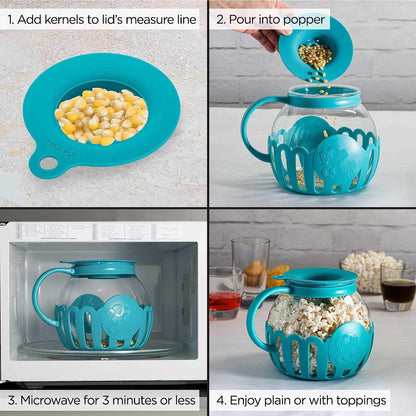 Microwave Popcorn Popper with Temperature Safe Glass, 3-in-1 Lid Measures Kernels and Melts Butter, Made Without BPA, Dishwasher Safe, 3-Quart, Red