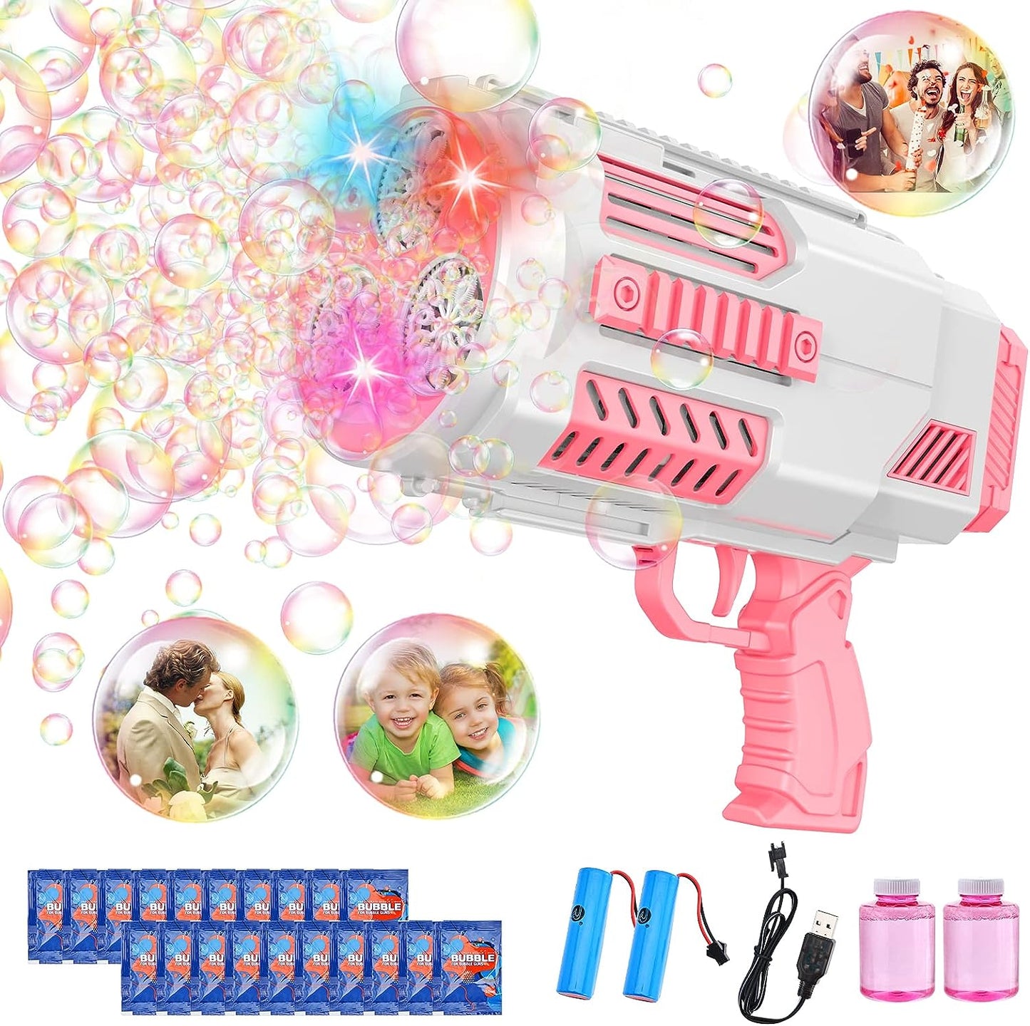 Bubble Machine Automatic Bubble Gun for Kids，Rocket Launcher Bubble Maker Blower,Auto Filling, 8000+ Bubbles Per Minute Bubble Toys for Boys Girls Adults Outdoor Indoor Birthday Wedding Party (Pink)