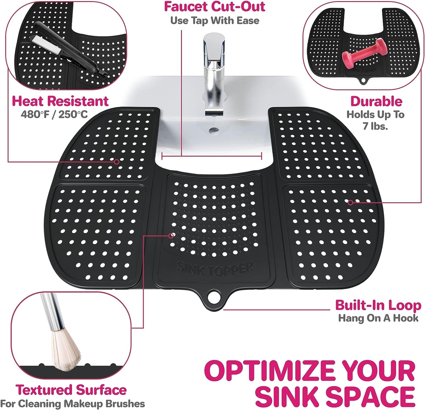 Sink Topper Foldable Sink Cover - Silicone Beauty Makeup Brush Cleaning Mat - Hot Tools Organizer - Bathroom Must Have Accessory for Extra Space & Storage Saver - Traveling - Standard, Black