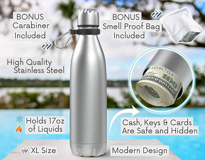 SPECIAL Diversion Safe Water Bottle Can Hidden Bottom for Valuables 17ounce Liquid Capacity Dry Storage Compartment Stainless Steel Vacuum Insulated BONUS with Bag (Silver)