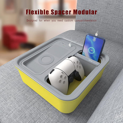 A+ Cup Holder Tray with Wireless Power Bank, Sofa Caddy with Self Balancing Cup Holder & Snack Cup, Sofa Armrest Table Tray, Couch Storage Organizer for Living Room, Car, Game,USB A+C Port