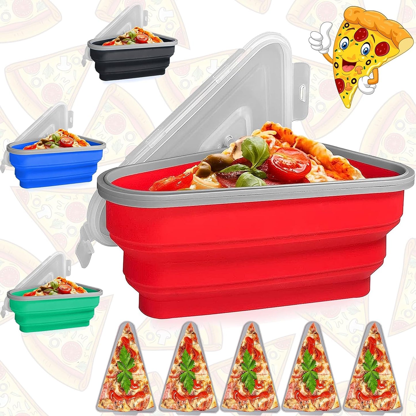 Pizza Storage Container Silicone Collapsible includes 5 trays, Reusable Pizza Storage Container, Saves Fridge Space - Microwave & Dishwasher Safe, Pizza Slice Pack Storage Container Expandable, Leftover Pizza Slice Storage Container Saver, Silic