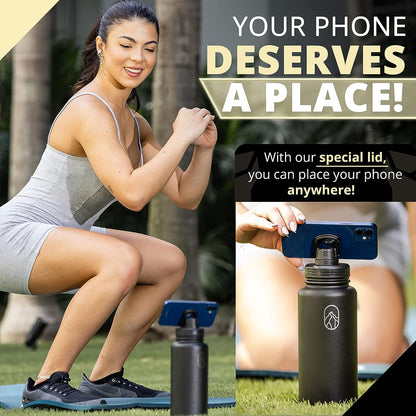 IMPRESSIVE Water Bottle with Phone Tripod Lid - Function for Watching Videos - 32oz. Keeps Drinks Hot & Cold - Perfect for Hiking, Cycling, and Sports - Black