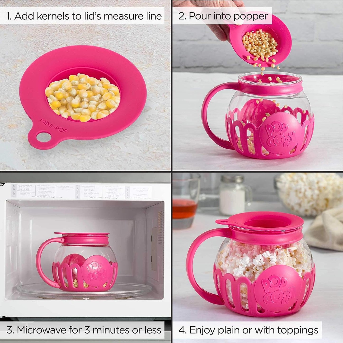 Microwave Popcorn Popper with Temperature Safe Glass, 3-in-1 Lid Measures Kernels and Melts Butter, Made Without BPA, Dishwasher Safe, 3-Quart, Red