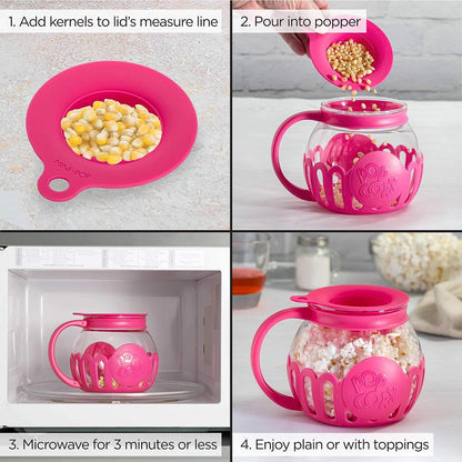 Microwave Popcorn Popper with Temperature Safe Glass, 3-in-1 Lid Measures Kernels and Melts Butter, Made Without BPA, Dishwasher Safe, 3-Quart, Red