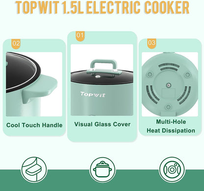 First-Class Electric Pot, 1.5L Non-stick Ramen Cooker, Multi-Function Hot Pot Electric for Pasta, Noodles, Steak, Egg, Electric Cooker with Dual Power Control, Over-Heating and Boil Dry Protection, Dorm Room Essentials, Green