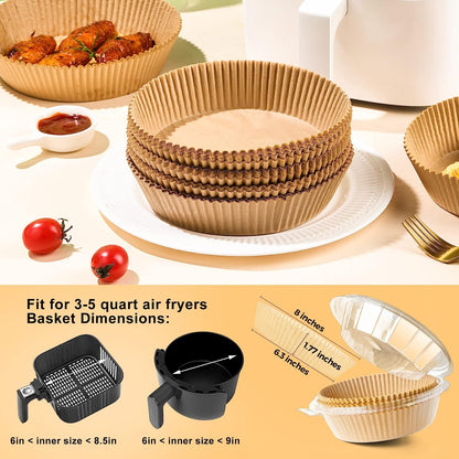 Air Fryer Paper Liners Disposable: 100PCS Round Airfryer Oven Insert Parchment Sheets Grease and Water Proof Non Stick Basket Liners for Baking Cooking.