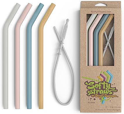 Straws Wide Premium Reusable Silicone Drinking Straws + Patented Straw Squeegee - 9” Long With Curved Bend for 20/30/32oz Tumblers BPA Free Non Rubber, Flexible, Safe for Kids/Toddlers