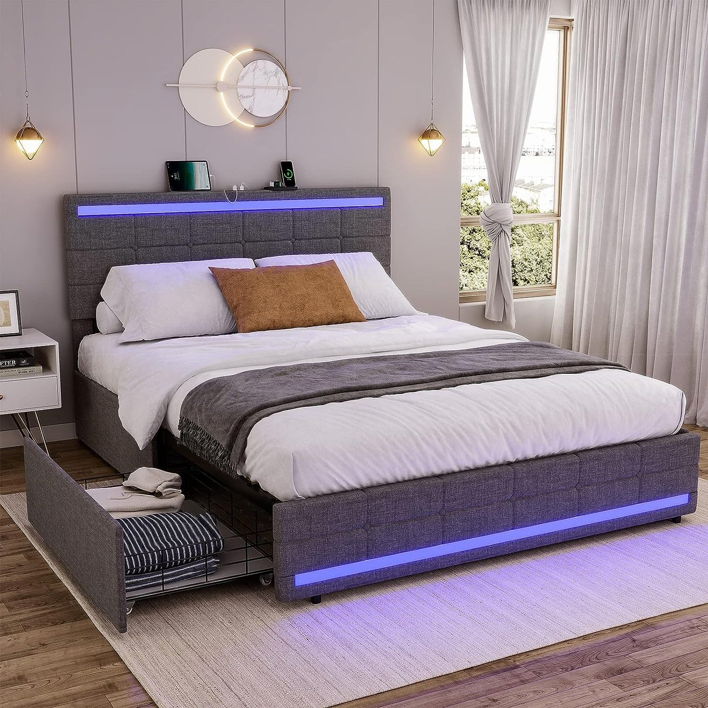 BEAUTIFUL  Bed Frame with LED Lights Headboard Footboard, Platform Bed Frame with 4 Drawers and 2 USB Charging Station, LED Bed Frame with Storage, No Box Spring Needed, Light Grey