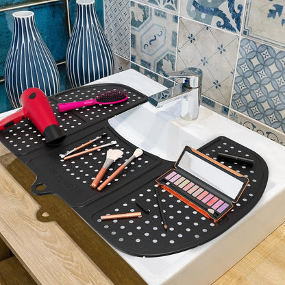 Sink Topper Foldable Sink Cover - Silicone Beauty Makeup Brush Cleaning Mat - Hot Tools Organizer - Bathroom Must Have Accessory for Extra Space & Storage Saver - Traveling - Standard, Black