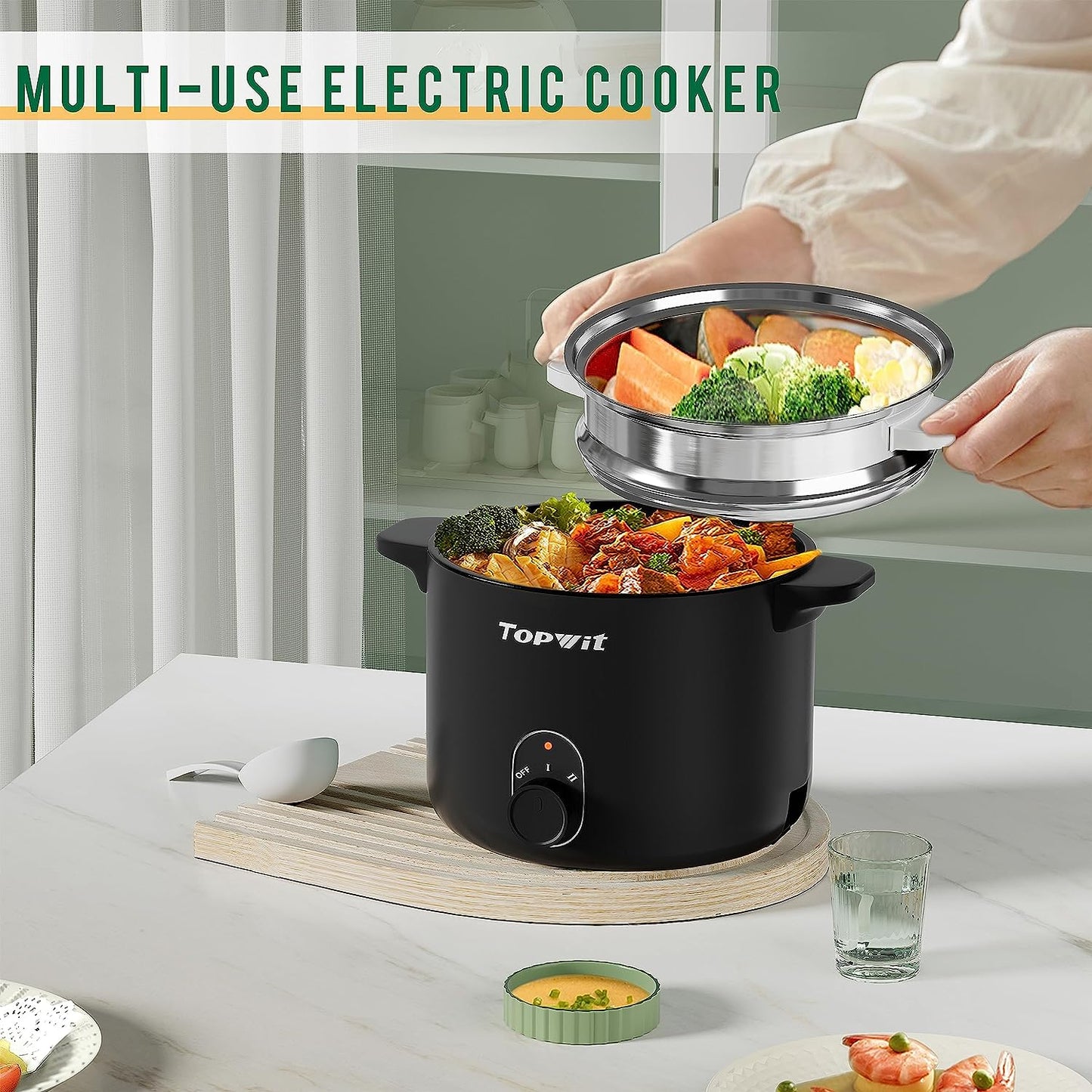 First-Class Electric Pot, 1.5L Non-stick Ramen Cooker, Multi-Function Hot Pot Electric for Pasta, Noodles, Steak, Egg, Electric Cooker with Dual Power Control, Over-Heating and Boil Dry Protection, Dorm Room Essentials, Green