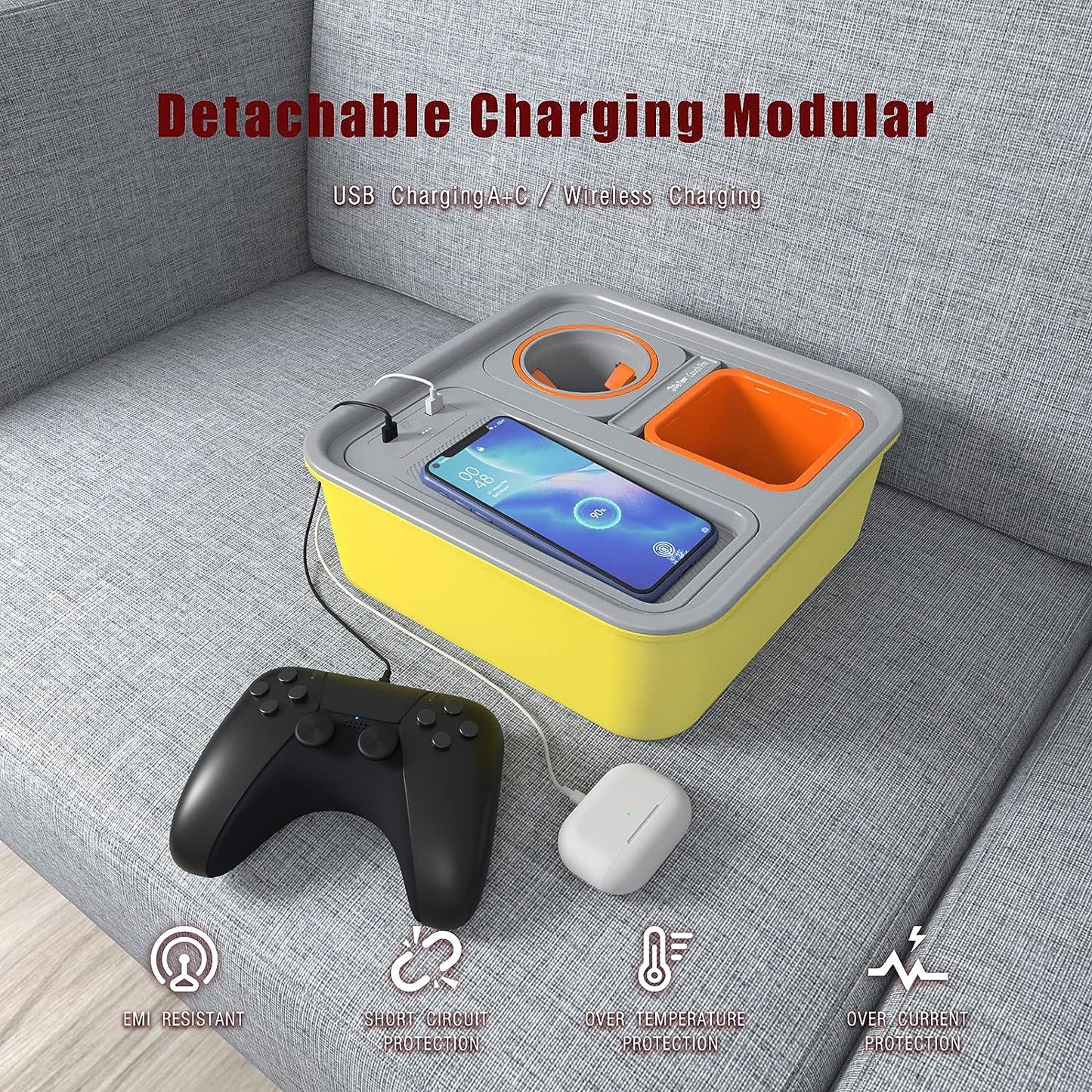 A+ Cup Holder Tray with Wireless Power Bank, Sofa Caddy with Self Balancing Cup Holder & Snack Cup, Sofa Armrest Table Tray, Couch Storage Organizer for Living Room, Car, Game,USB A+C Port