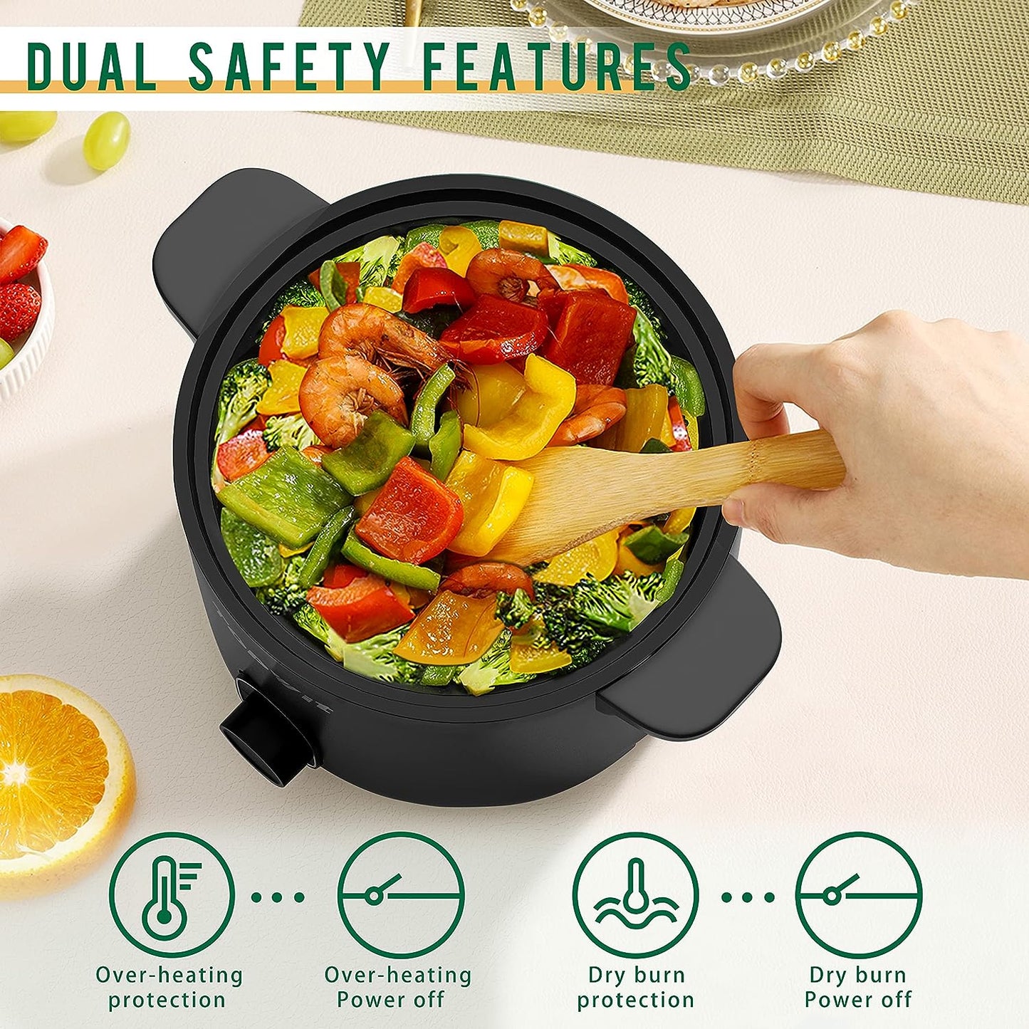 First-Class Electric Pot, 1.5L Non-stick Ramen Cooker, Multi-Function Hot Pot Electric for Pasta, Noodles, Steak, Egg, Electric Cooker with Dual Power Control, Over-Heating and Boil Dry Protection, Dorm Room Essentials, Green